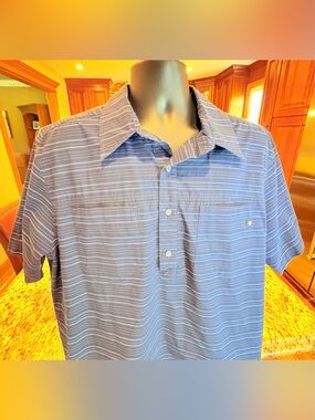 Marmot men’s polo. Sharp navy Blue with stripes & logos on chest/back
